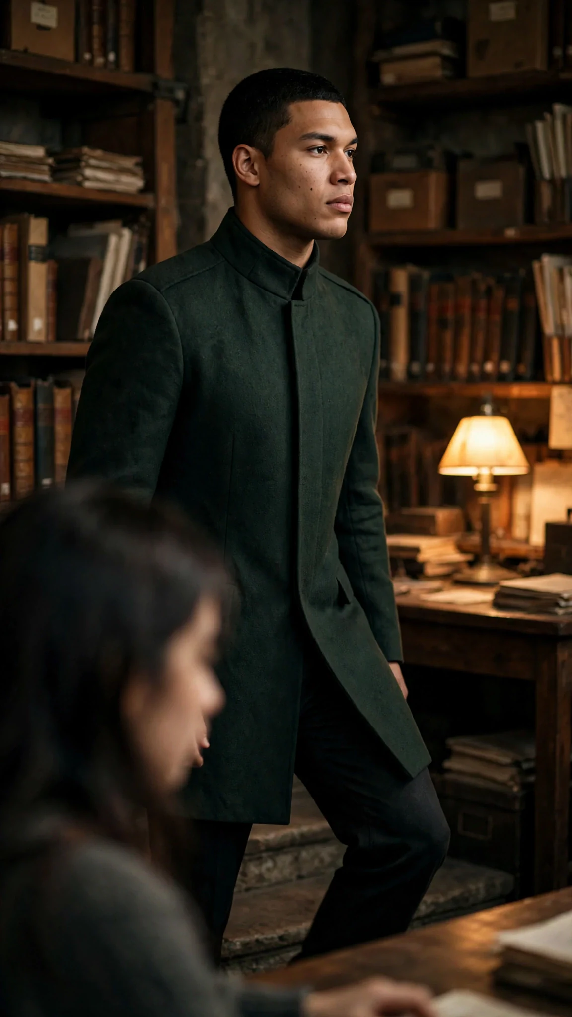 Caelum in a dark green coat steps up into the lamplit archive while Riona watches from her table.