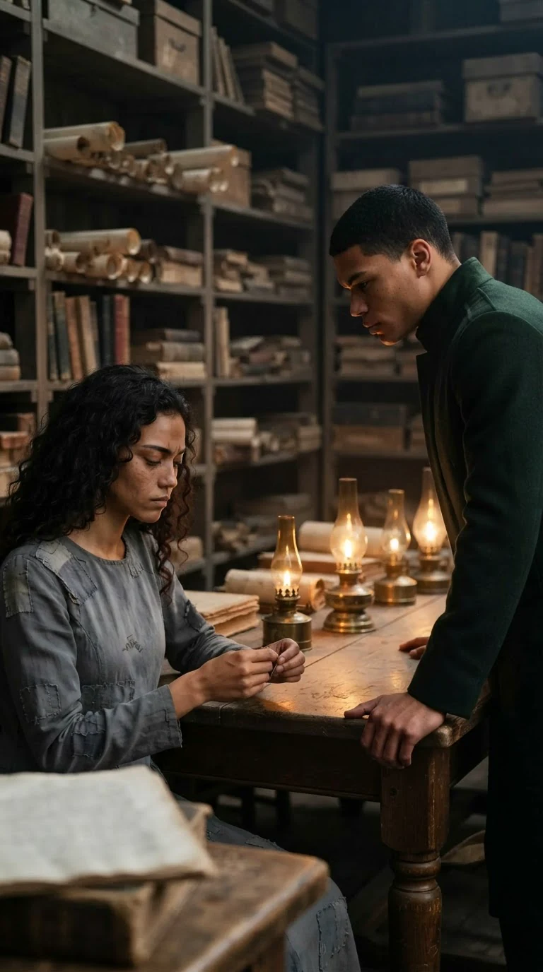 Caelum stands across the table from Riona, half smiling, while she looks up from her needle.