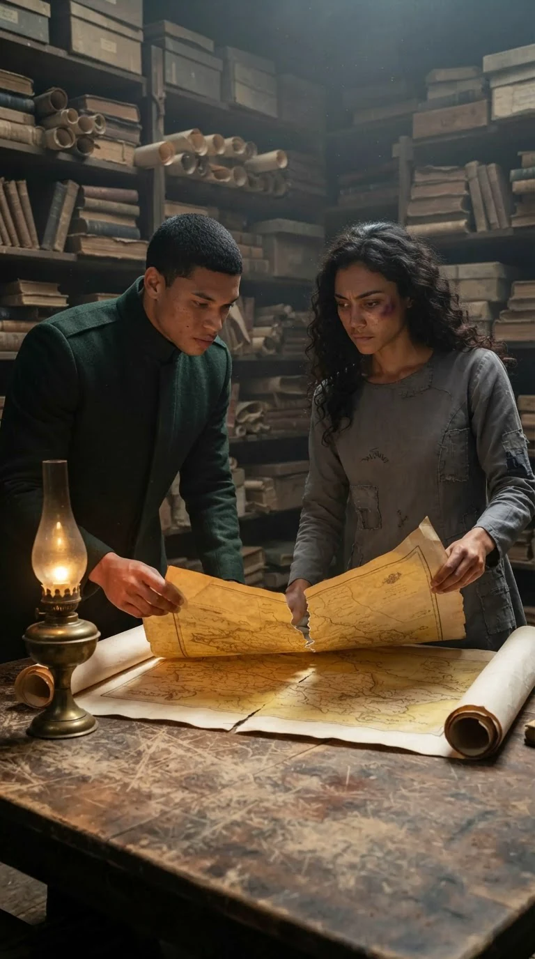 Caelum unrolls a torn old map across the archive table, Riona leaning in.