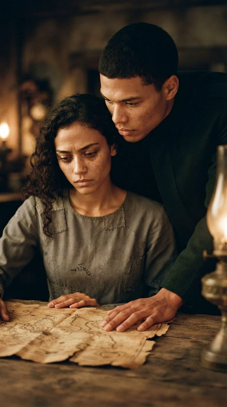 Caelum leans over Riona's shoulder to hold the map flat, his face close to hers.
