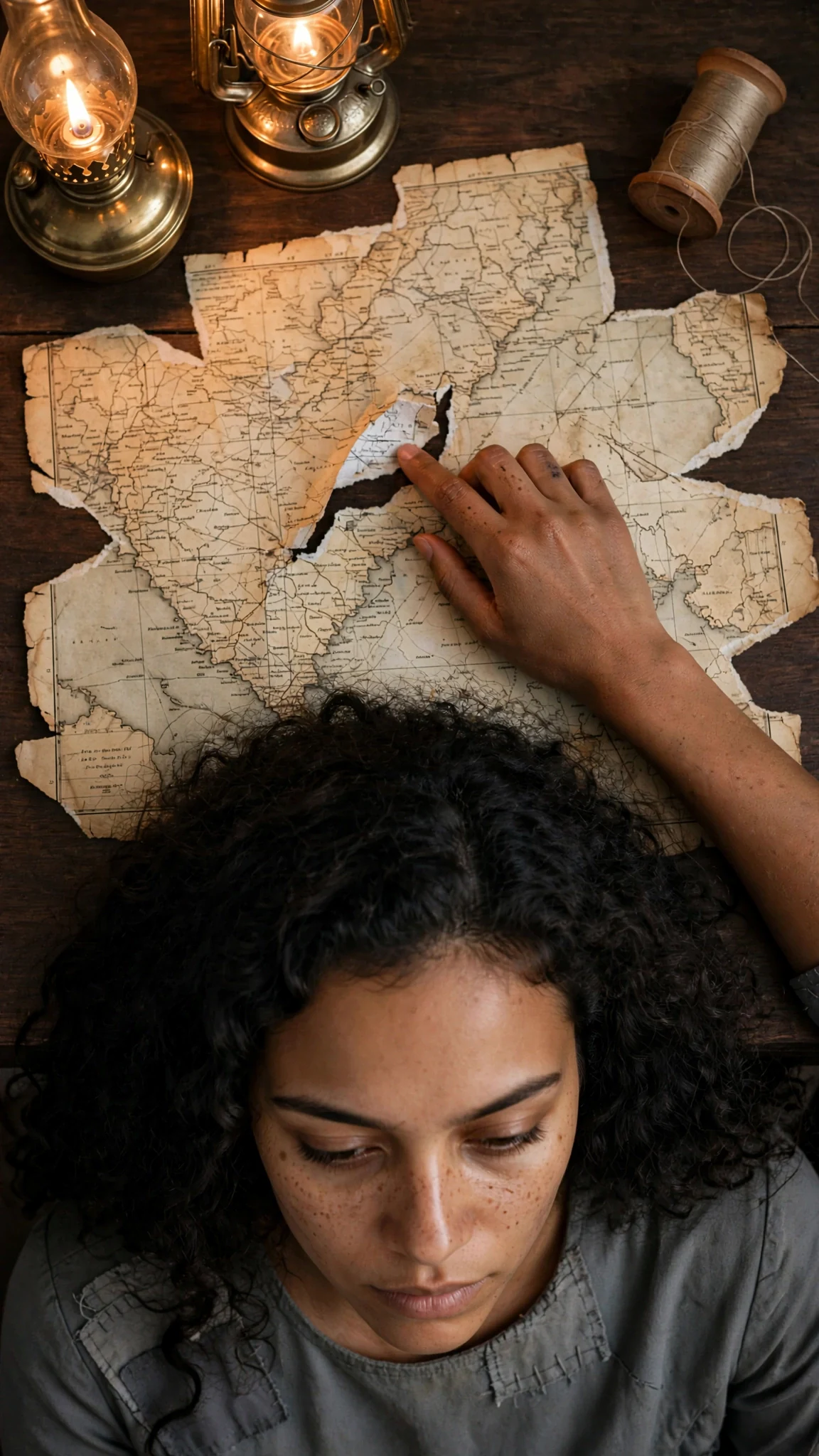Close view of the torn map with Riona's fingertip on the ragged tear.