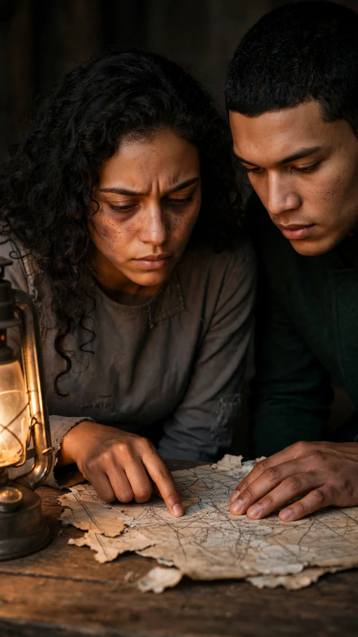 Riona bent over the map, eyes narrowed, while Caelum's broad hand rests on the paper beside hers.