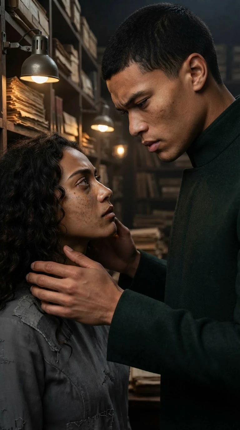 Caelum's expression hardens as he looks at the split in Riona's lip.