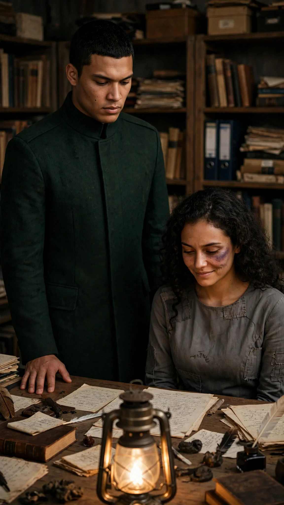 Caelum stands tall and tight-jawed beside the table while Riona looks at the floor.