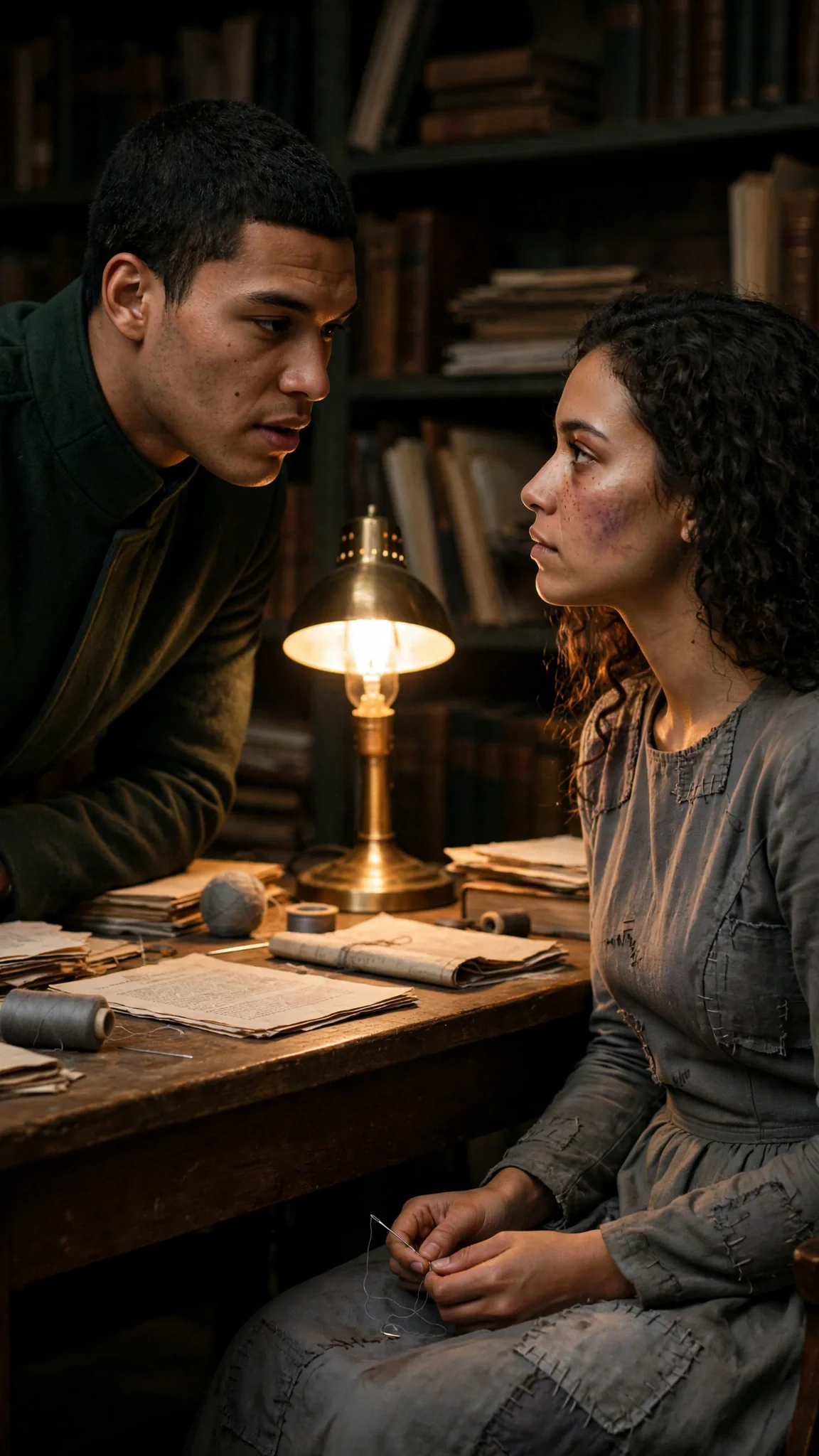 Caelum speaks low and hard to Riona across the archive table.