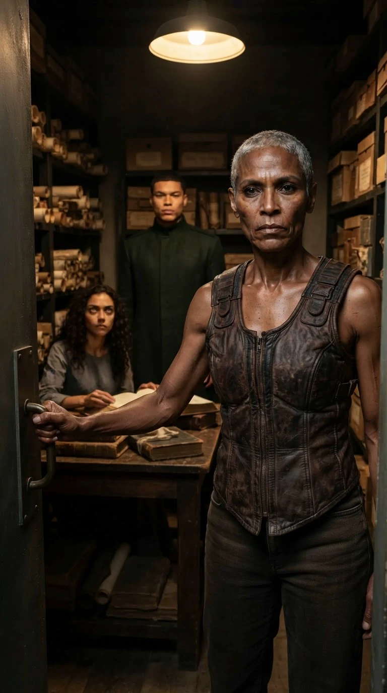 Gilda enters the archive in a worn leather training vest, sweat still on her neck.
