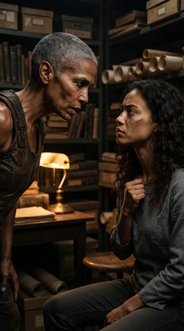 Gilda leans close, eyes sharp, while Riona listens with her fist closed.