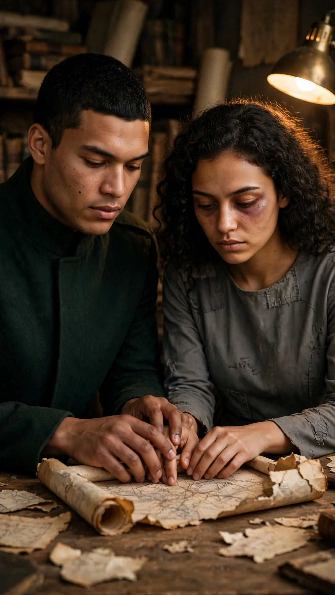 Caelum rolls the map slowly, his fingers brushing Riona's on the paper.