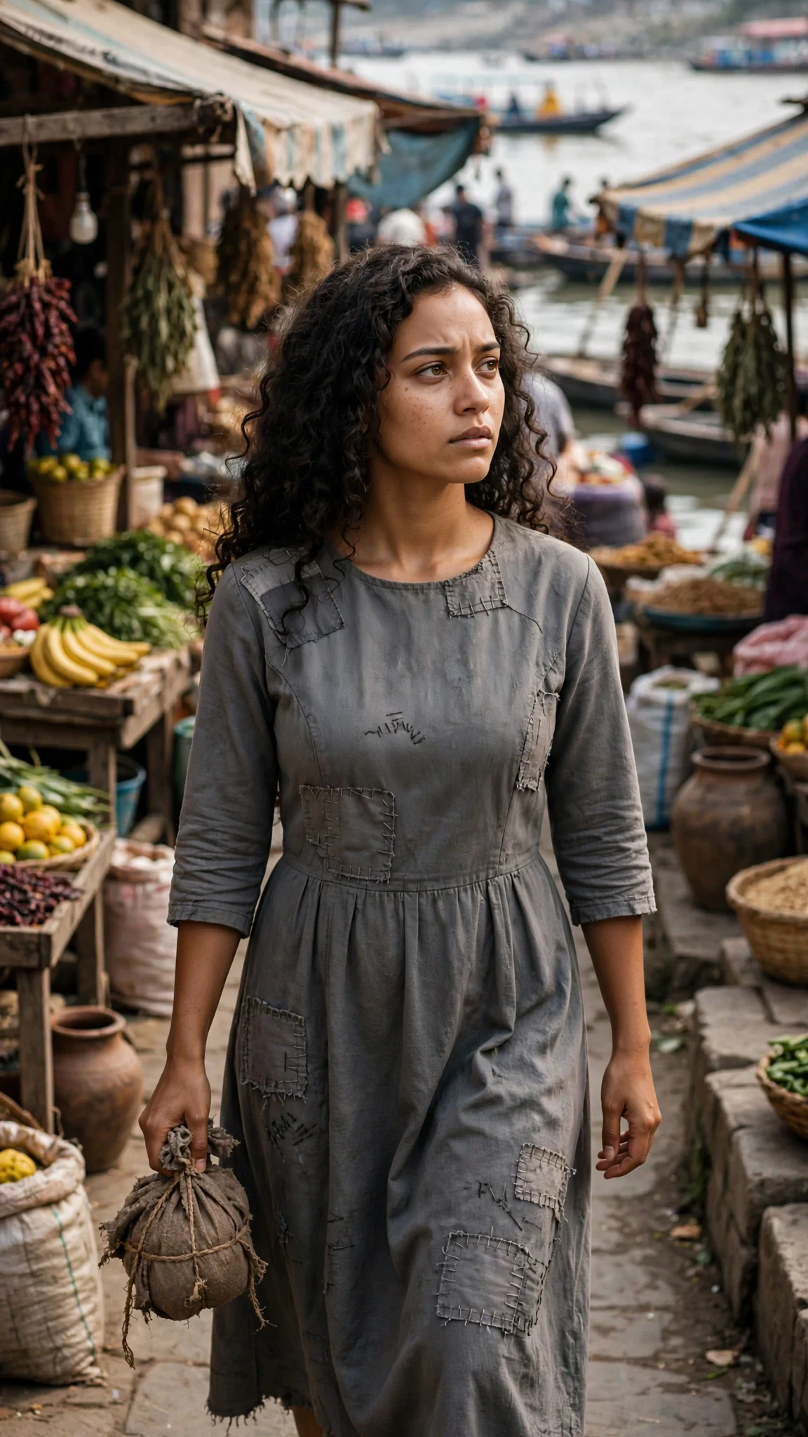 A tired young woman in a gray dress walks through a crowded river market at midday.