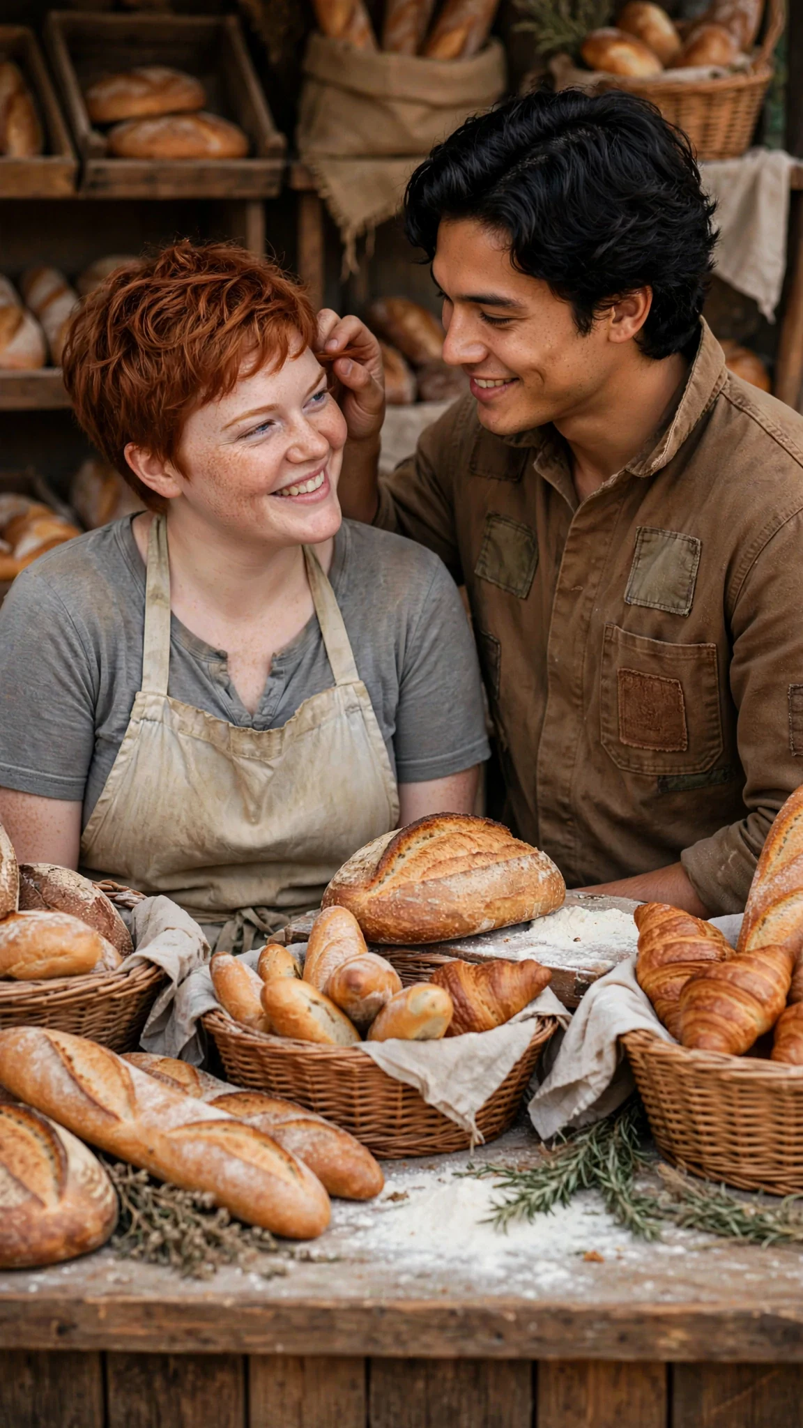 The dark-haired man tucks red hair behind the woman's ear while she leans into his hand.