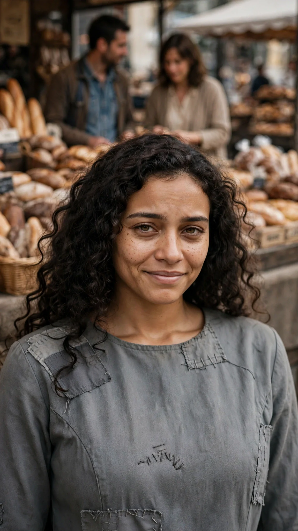 The gray-dressed woman smiles at the couple, her eyes a little distant.