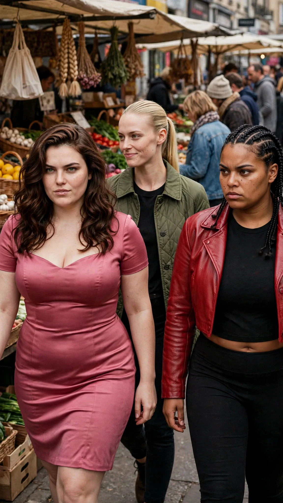 A woman in a rose dress walks into the market with two friends and the crowd looks away.
