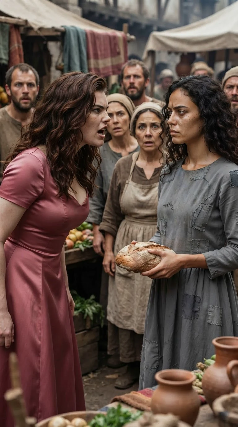 The rose-dressed woman sneers at the gray-dressed woman while the market stares.
