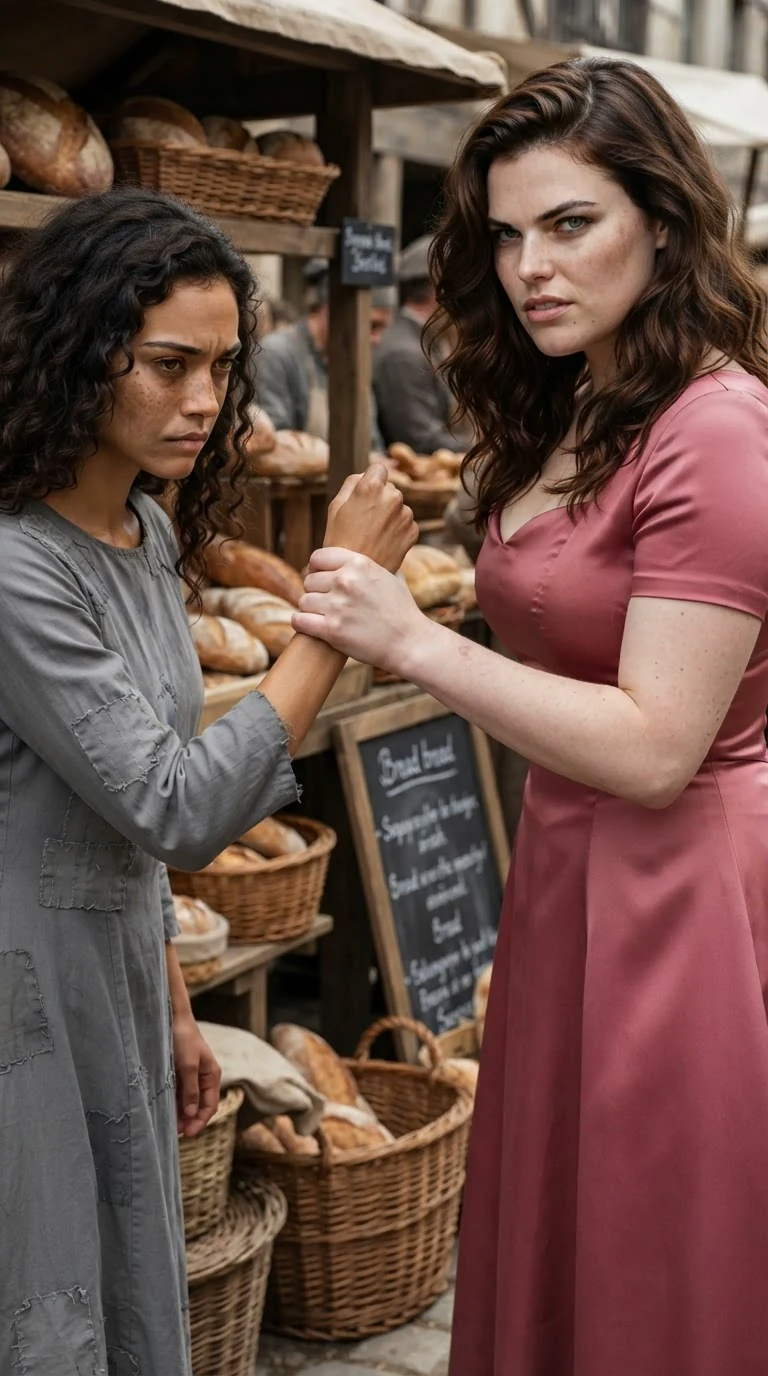 The rose-dressed woman grips the gray-dressed woman's wrist hard, both faces tight.