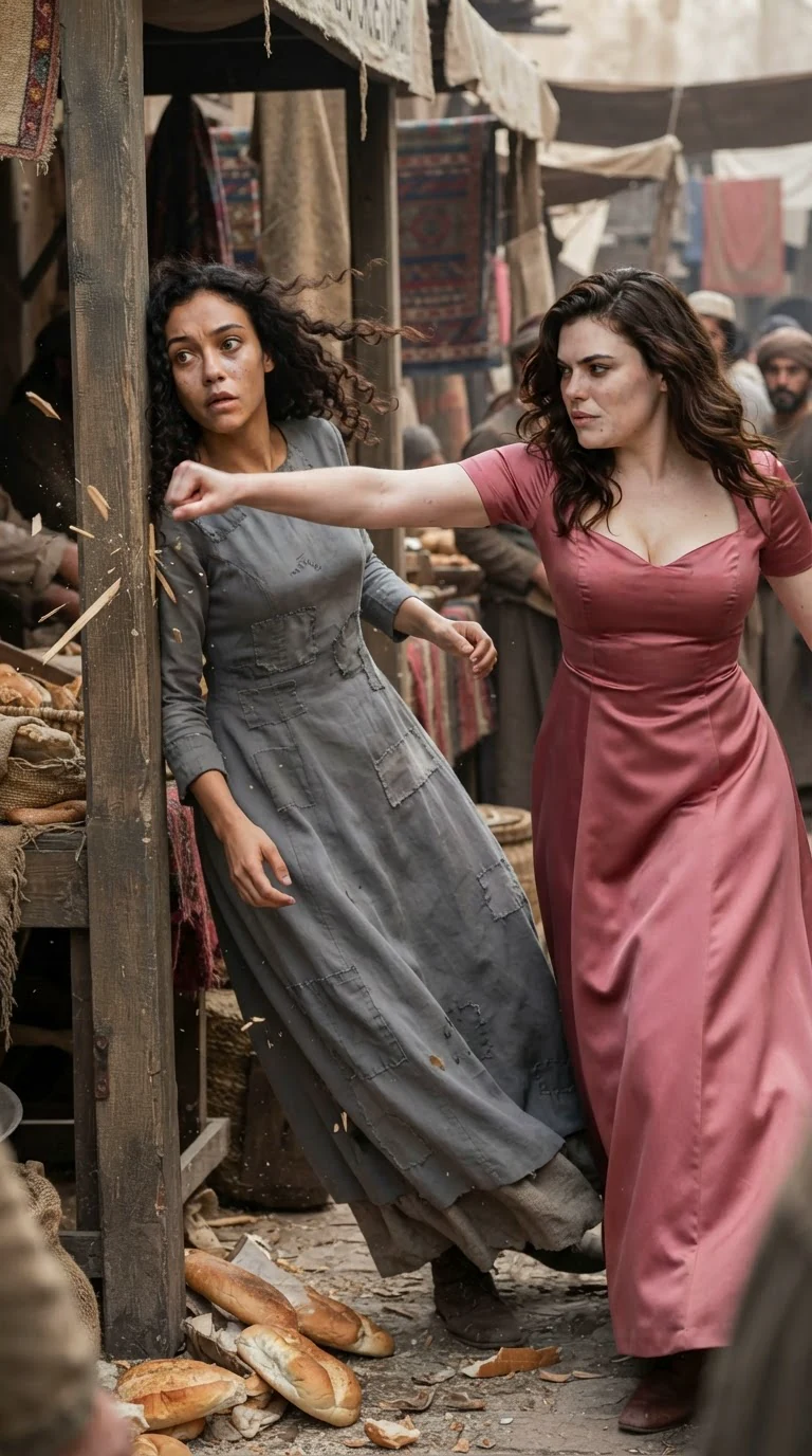 The gray-dressed woman is shoved into a stall post, her head snapping back.