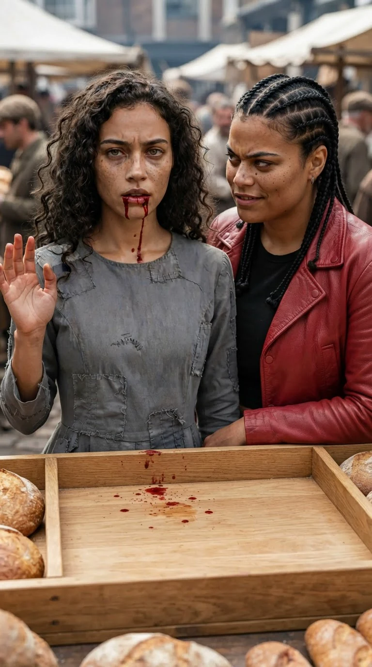 Blood runs down the gray-dressed woman's chin onto the stall floor as the braided woman smirks.