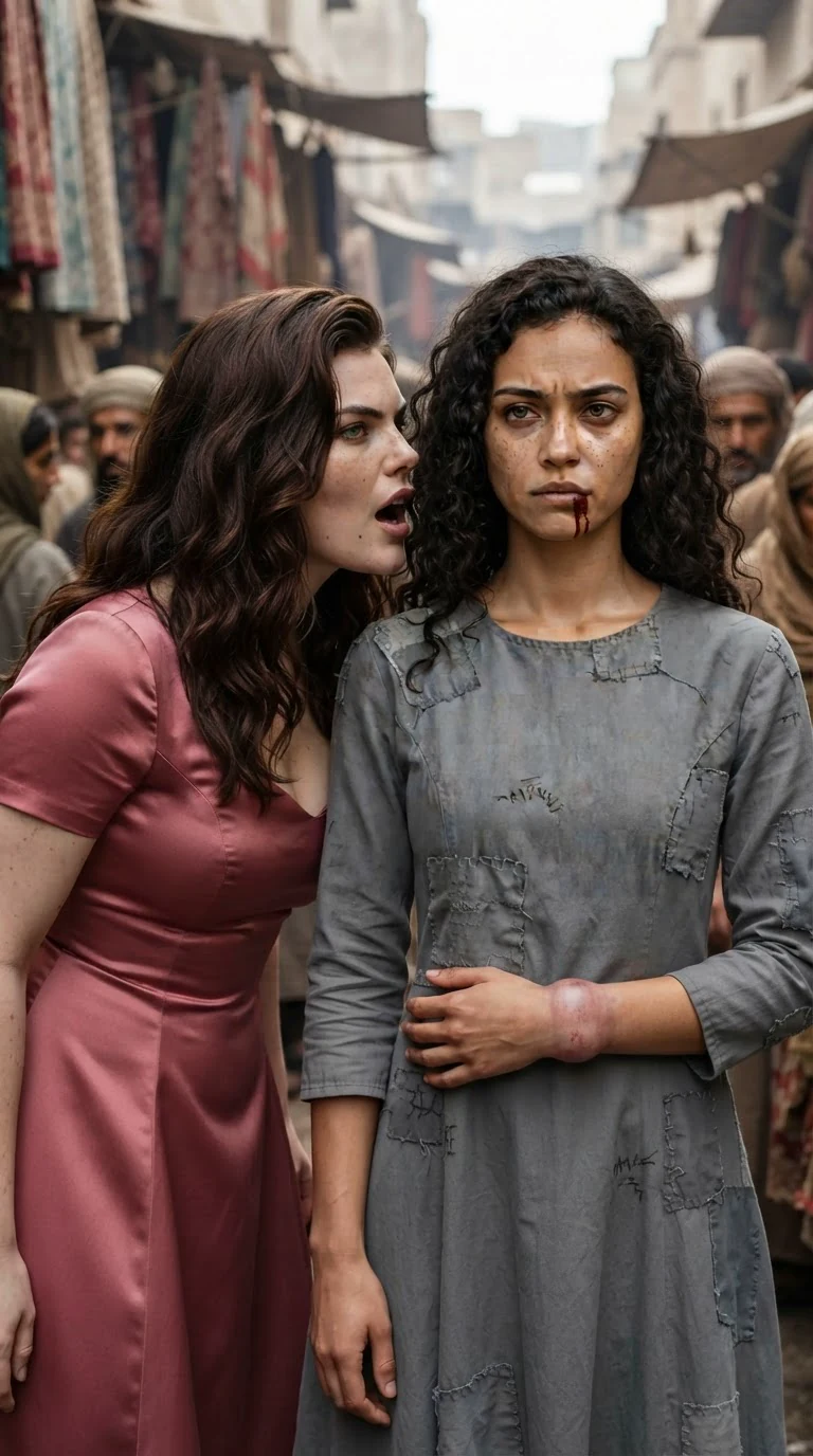 The rose-dressed woman leans in close, speaking low and cruel, while the bloodied woman stands frozen.