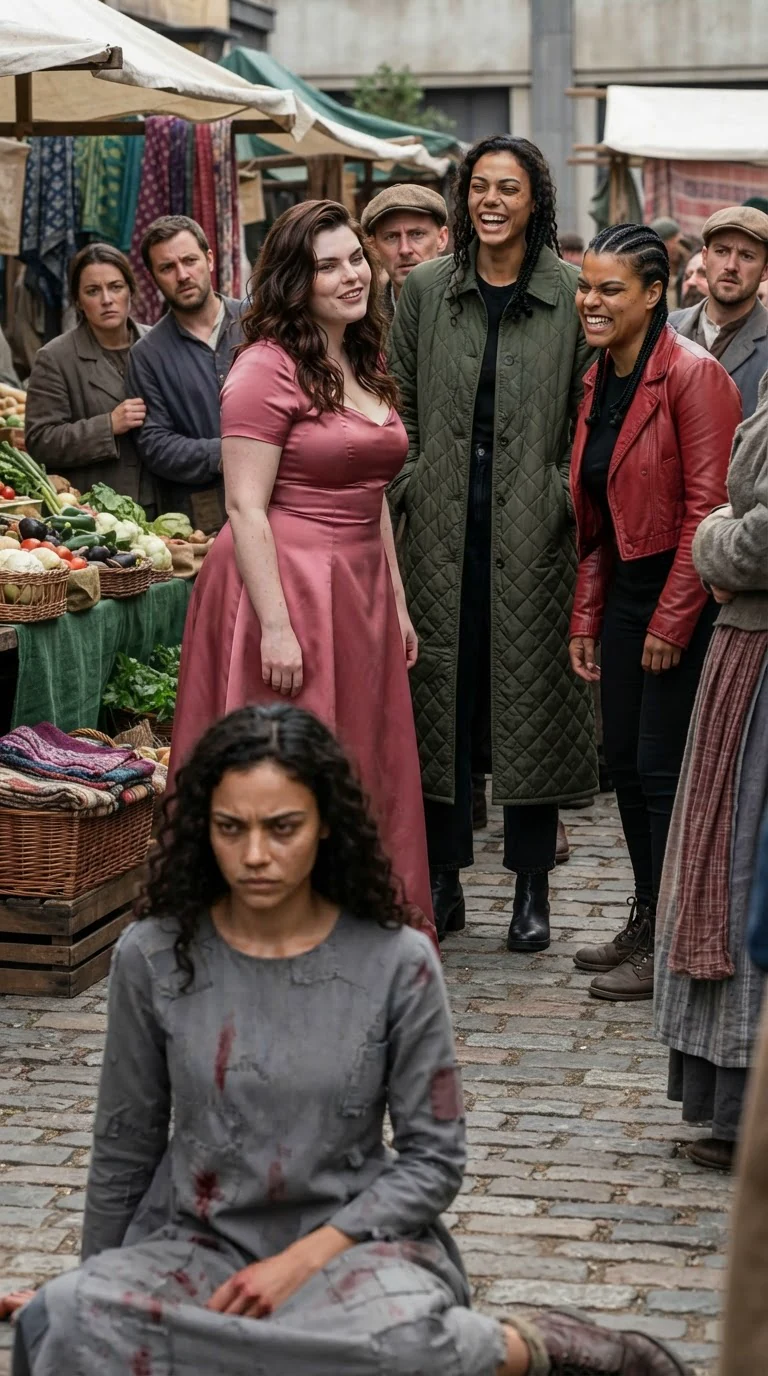 The two friends behind the rose-dressed woman laugh while the market watches.