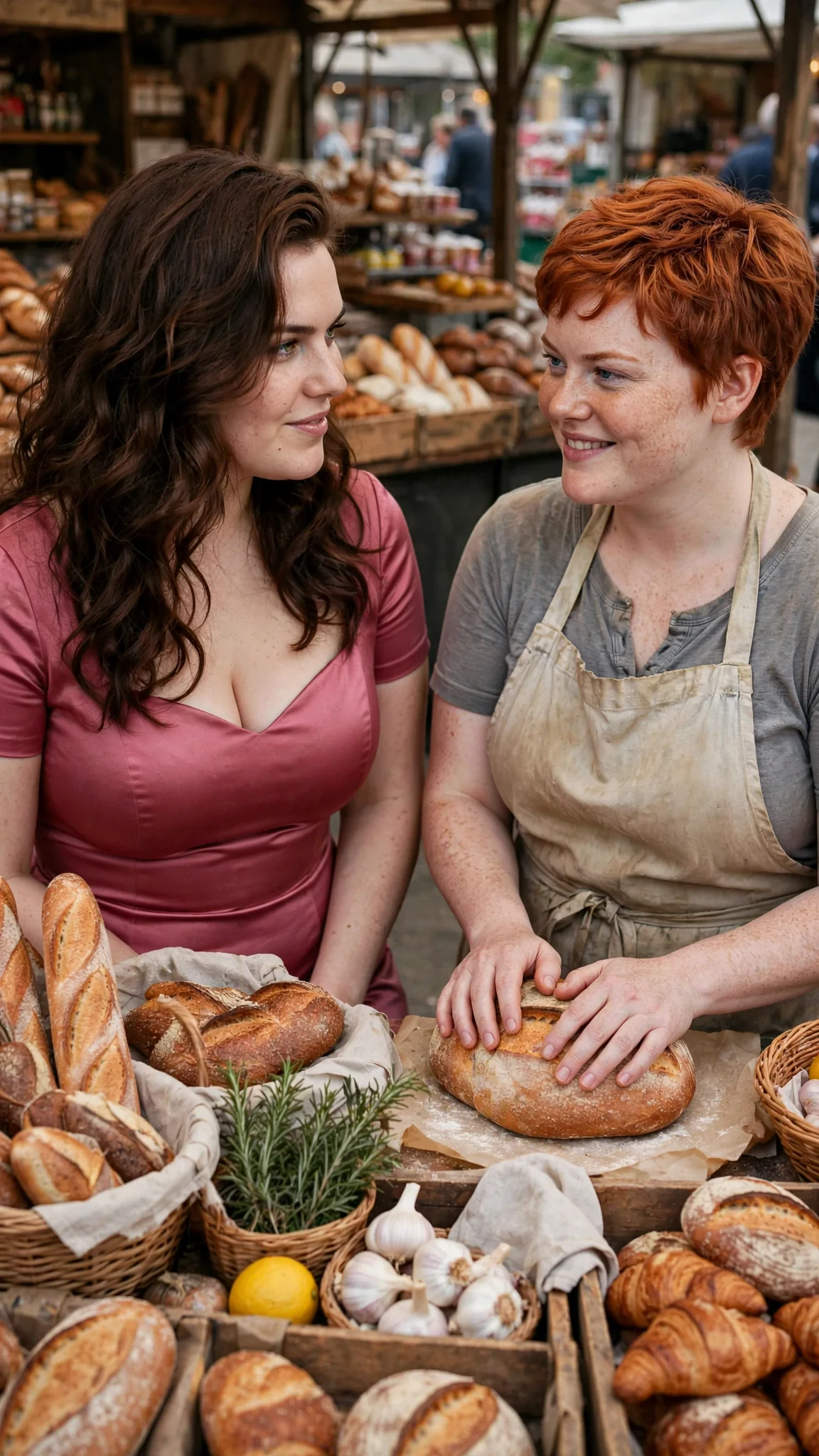 The rose-dressed woman turns to the red-haired stall keeper with a sweet fake smile.