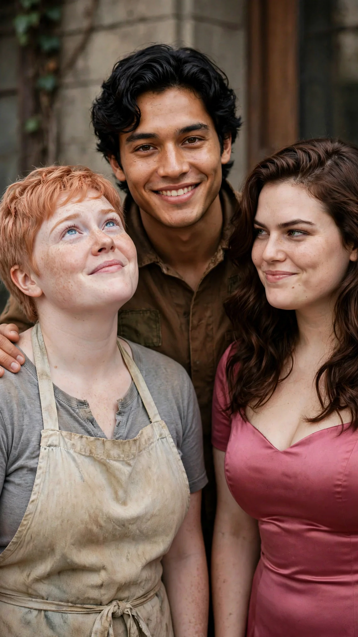 The red-haired woman goes pale as the dark-haired man grips her shoulder.