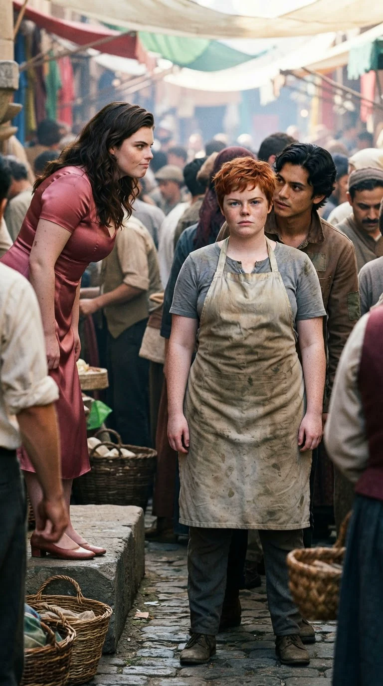 The red-haired woman stands her ground and the rose-dressed woman answers with contempt.