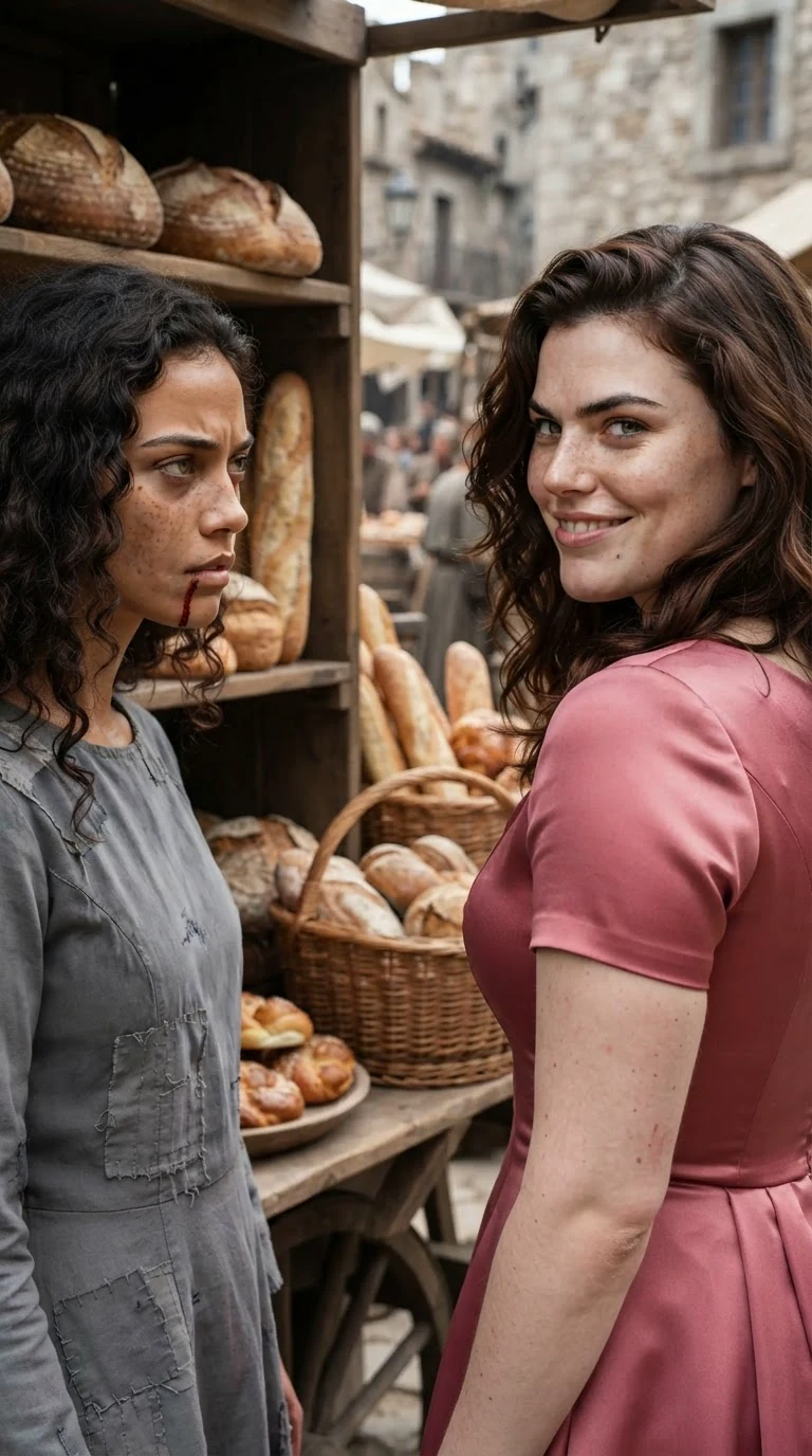 The rose-dressed woman looks back at the bloodied woman with a satisfied smile.