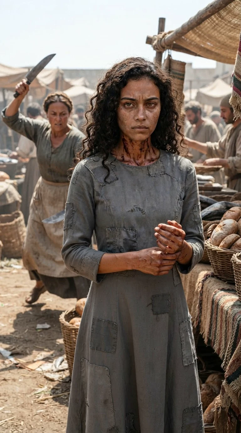 The market goes back to work while the bloodied woman stands alone with her swelling wrist.