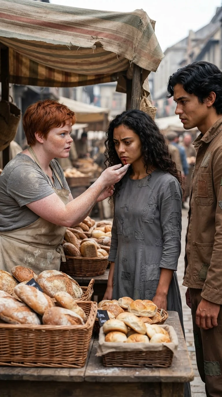 Behind the stall, the red-haired woman wipes the other woman's chin with her apron.
