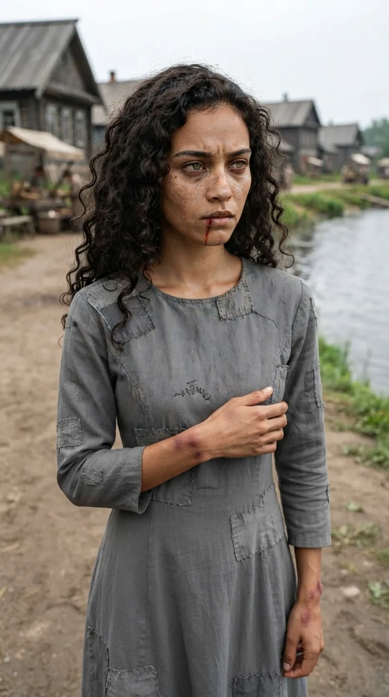 The gray-dressed woman walks home along the river path with her hurt wrist held close.