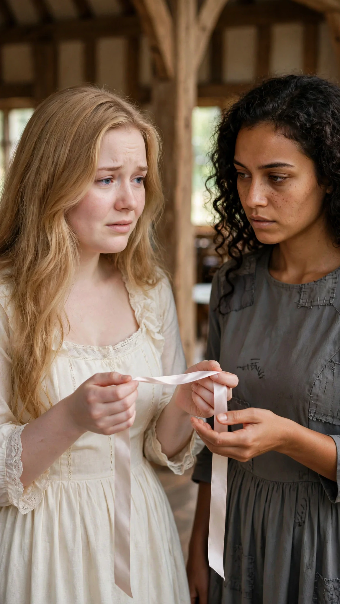 Hetta in a cream dress holds a loose ribbon out to Riona with shaky hands.