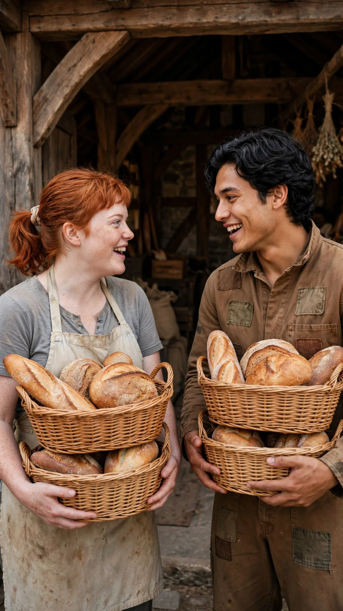 Briar and Nico carry bread baskets through the side door of the hall, arguing.