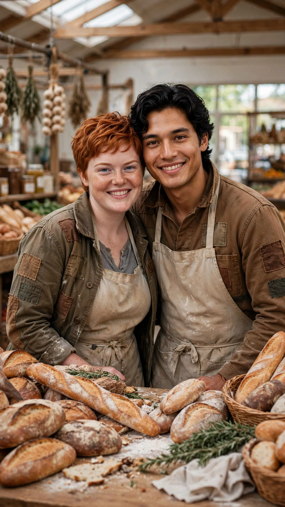 Briar and Nico lean into each other over the bread baskets, easy and happy.