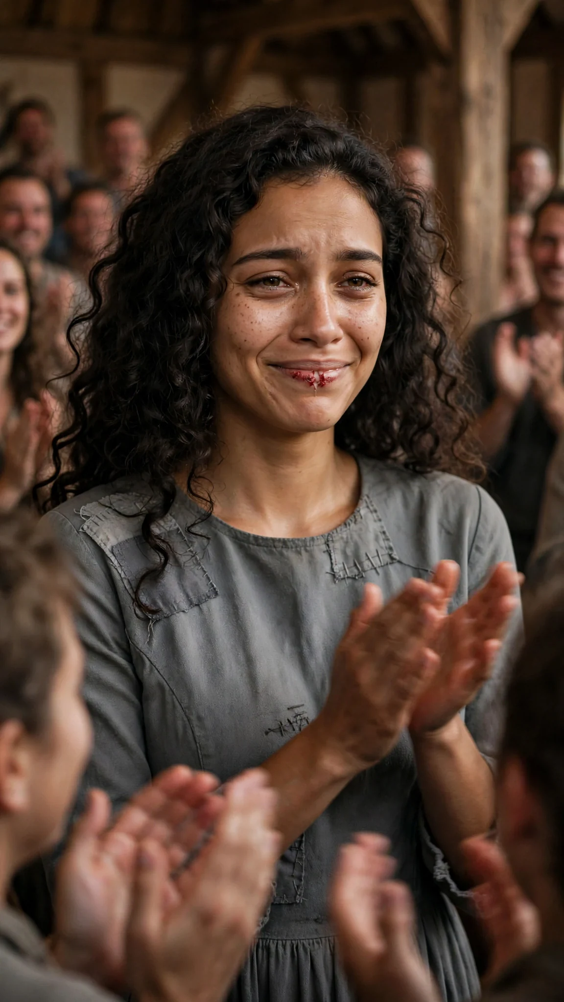 Riona claps in the crowd with shaking hands and a strained smile.
