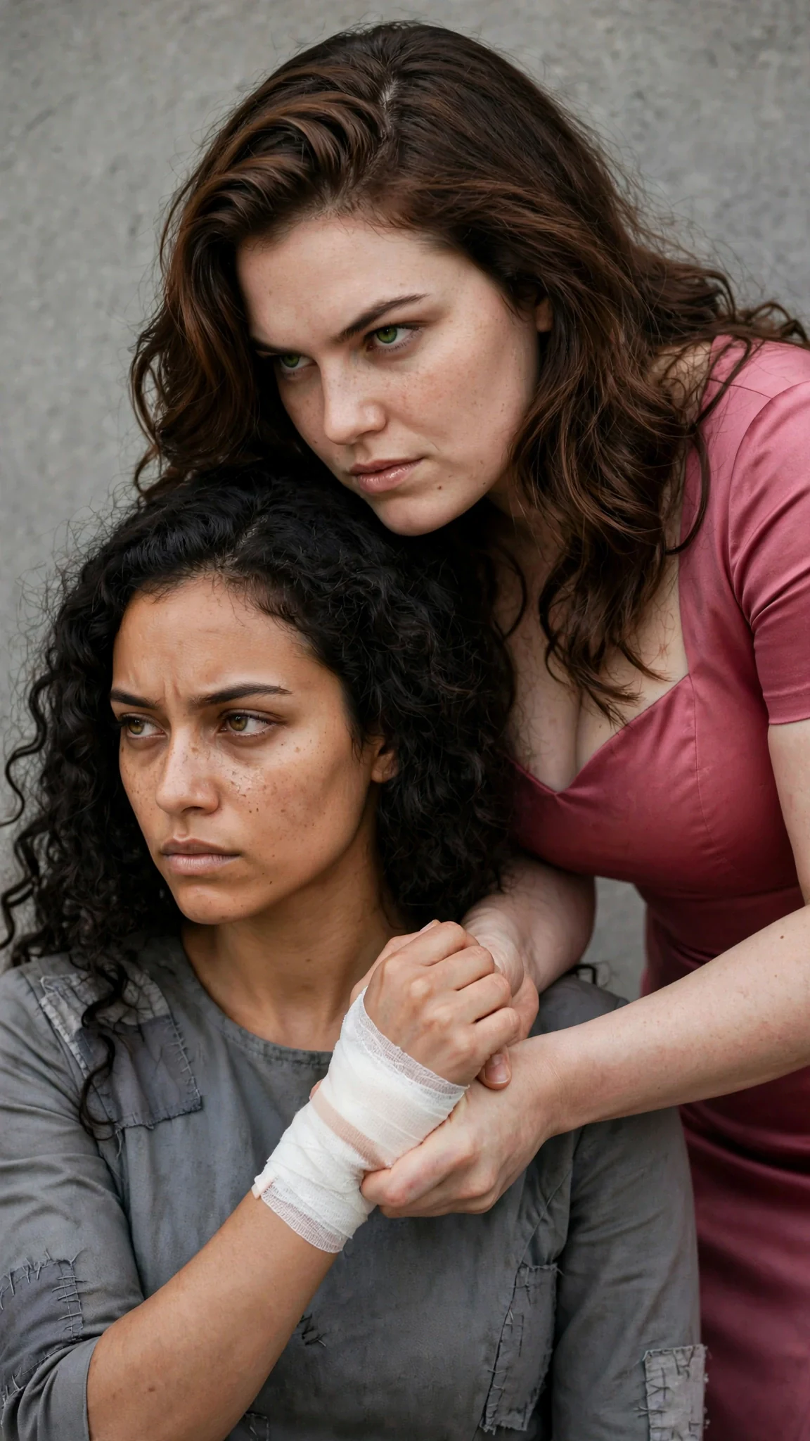 Selba leans in behind Riona and grips her wrapped wrist.