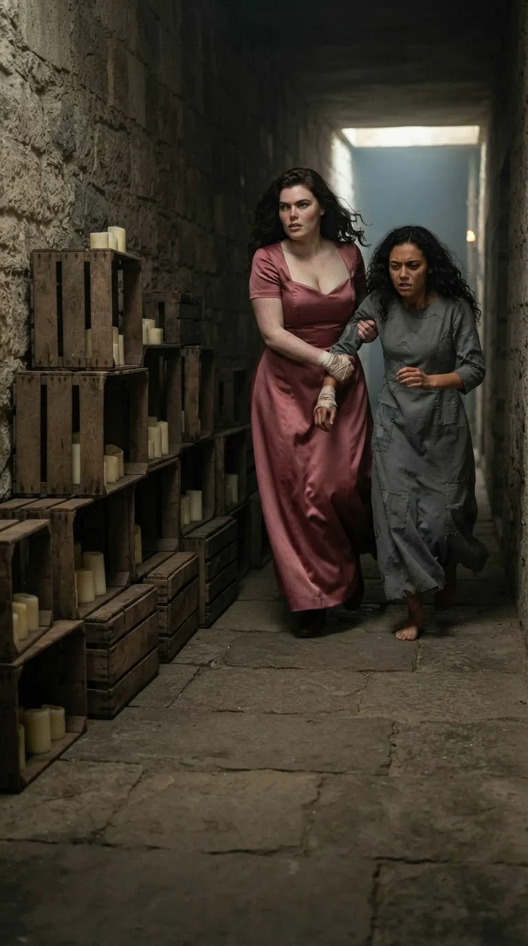 Selba pulls Riona by the arm down a narrow stone corridor stacked with candle crates.