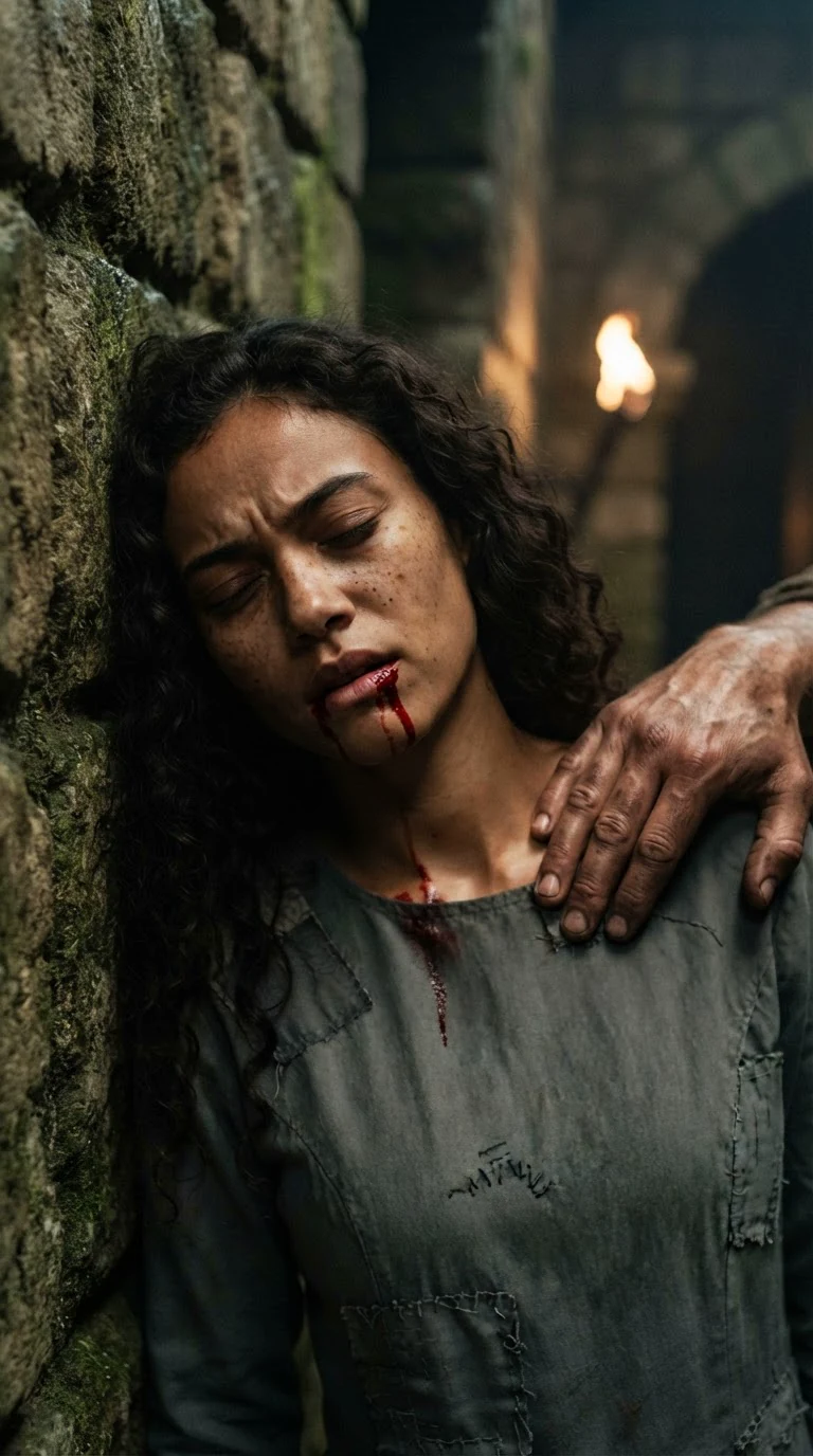 Riona's head cracks back against the stone and blood runs from her lip.
