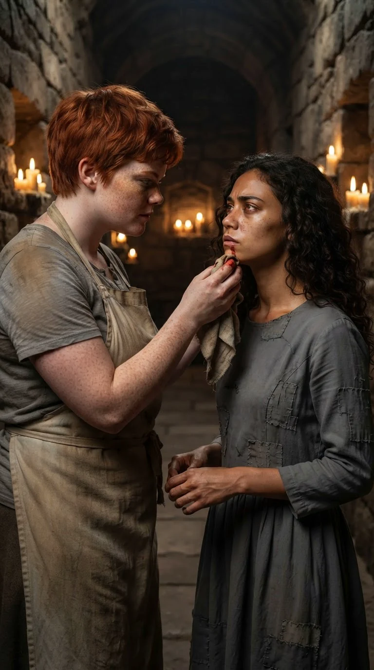 Briar wipes blood from Riona's chin with her apron.