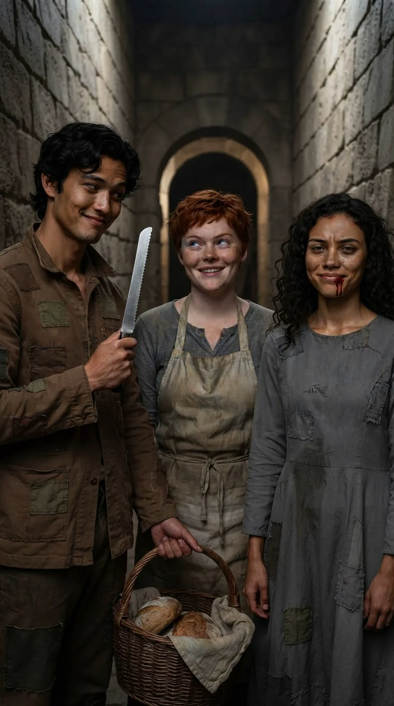 Nico hefts a bread knife and grins while Briar rolls her eyes and Riona half smiles.