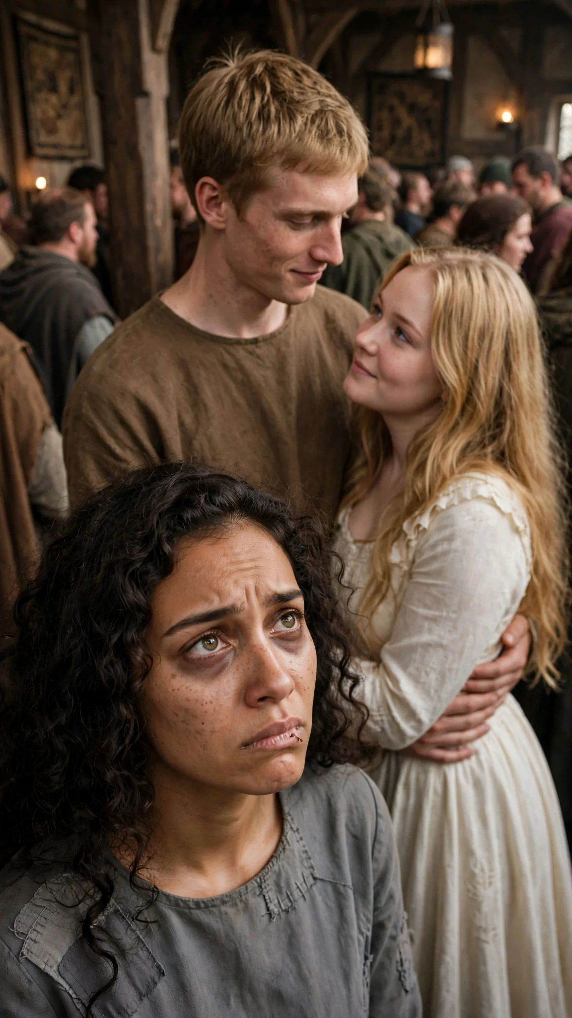 Rolf rests his hand on Hetta's back in the crowded hall while Riona watches.