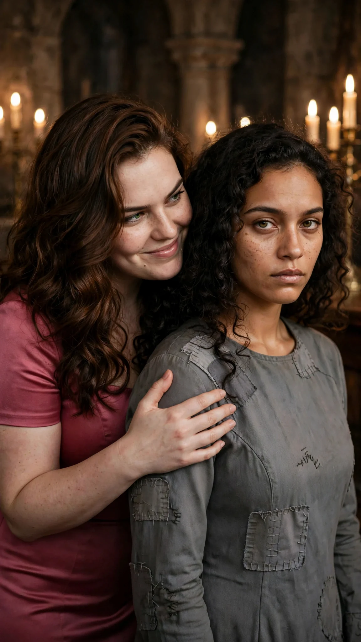 Selba leans close to Riona with a sweet, poisonous smile, one hand on her back.