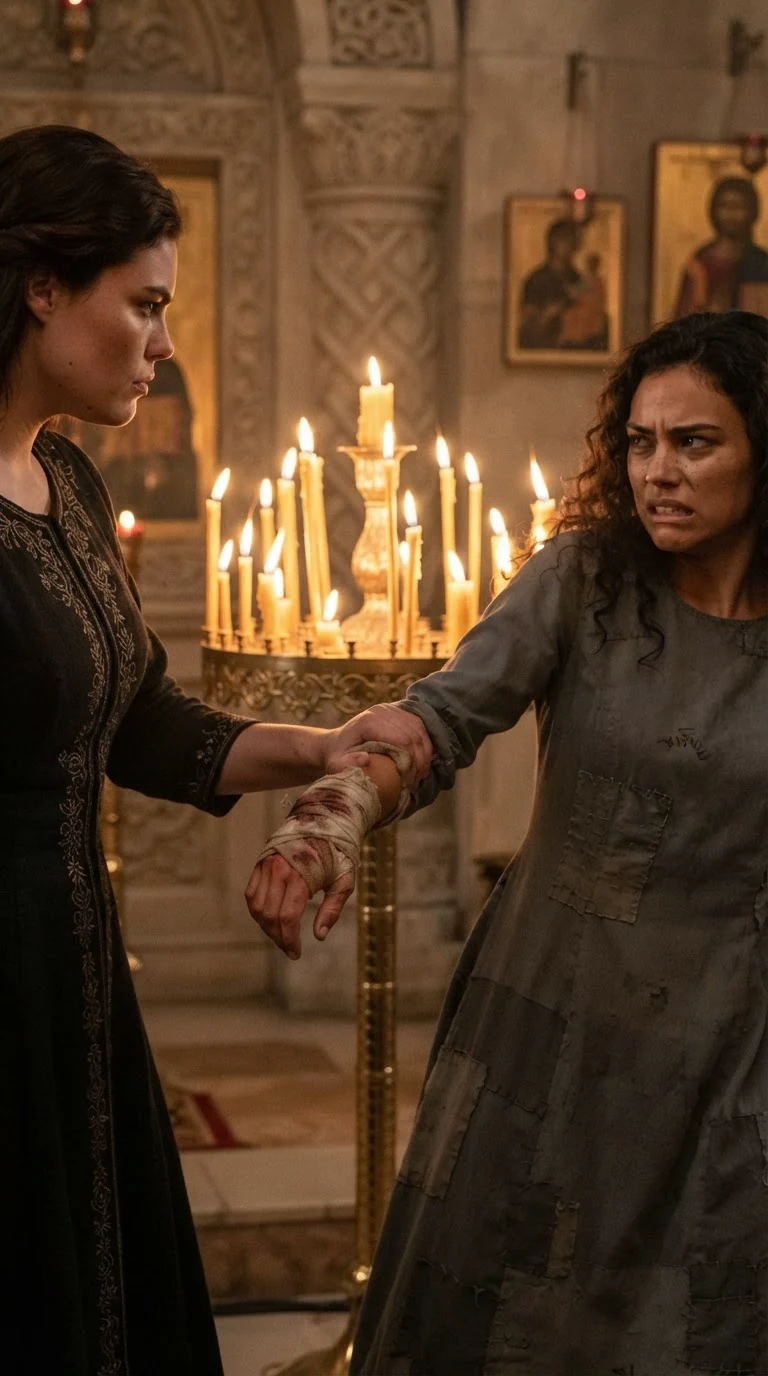 Selba drags Riona by her wrapped wrist behind the tall candle stand.