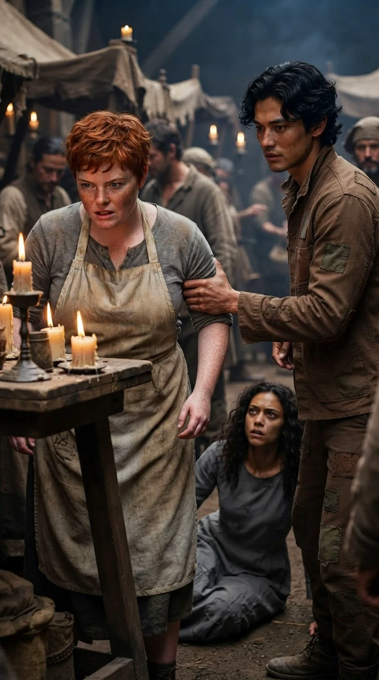 Briar and Nico arrive at the edge of the candle stand, Briar in her market apron.