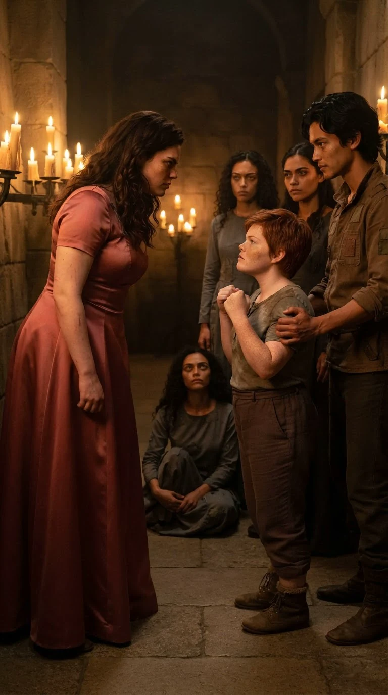 Briar faces Selba with her chin up while Selba threatens her market stall.