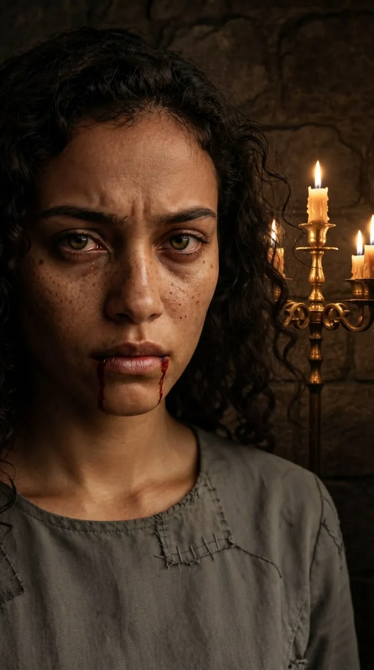 Close on Riona's face, blood on her chin and something hot and hard in her eyes.