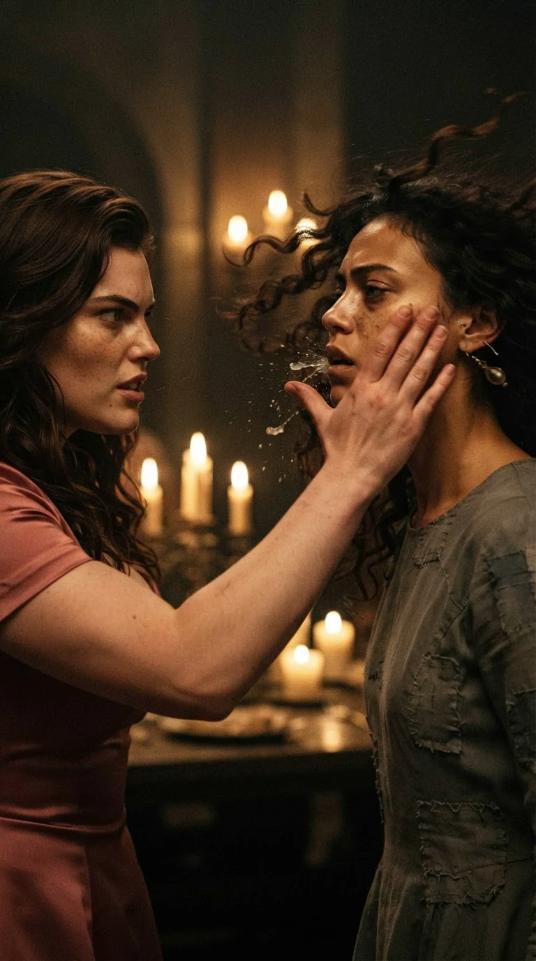 Selba's open hand connects with Riona's cheek and Riona's head snaps sideways.