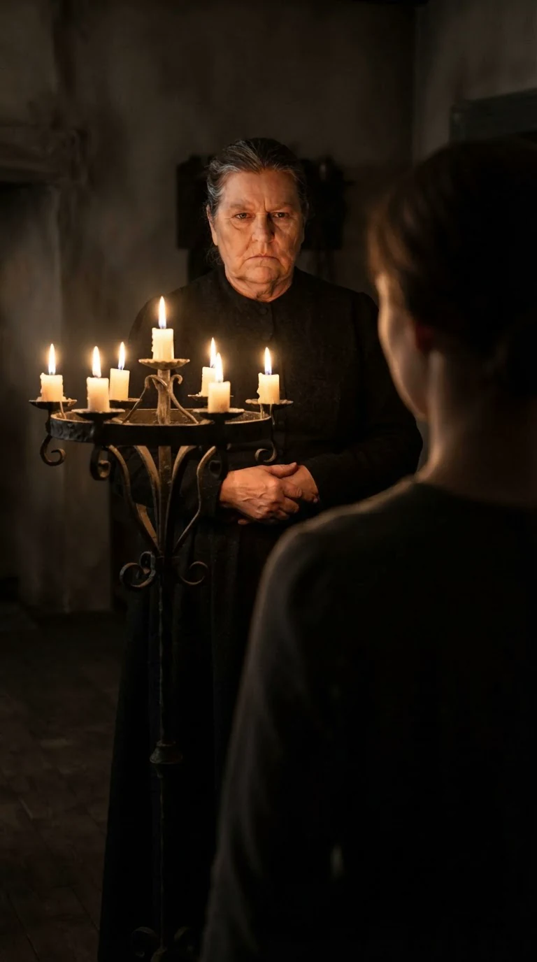 Marda comes around the candle stand with folded hands and a thin mouth.