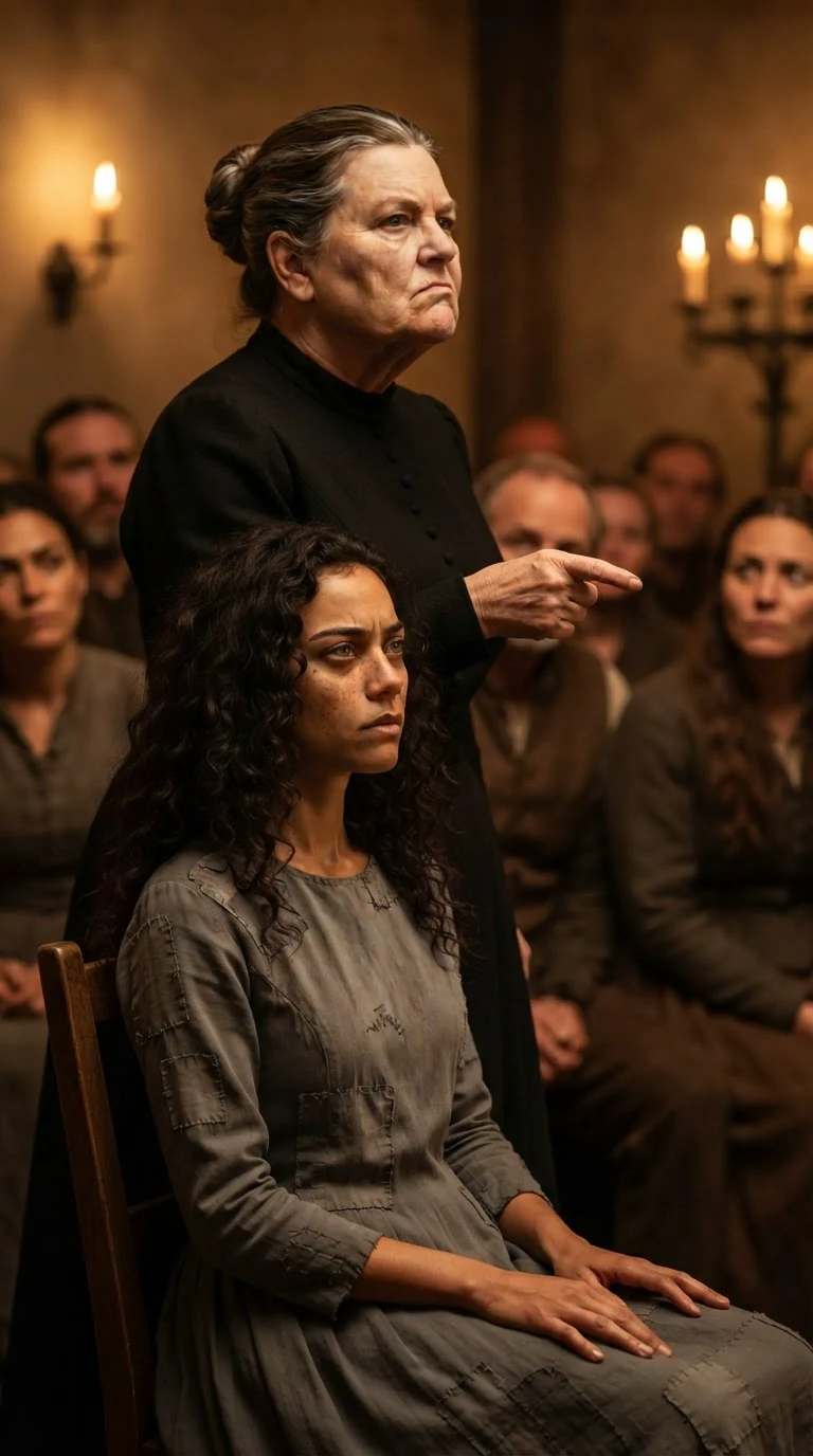 Marda stands over Riona, chin lifted, speaking with cold contempt.