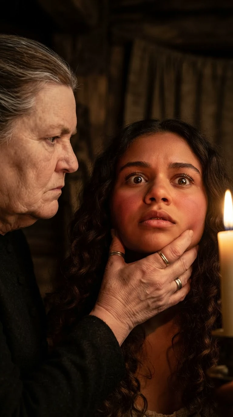 Marda grips Riona's jaw and tilts her bloody face toward the candles.
