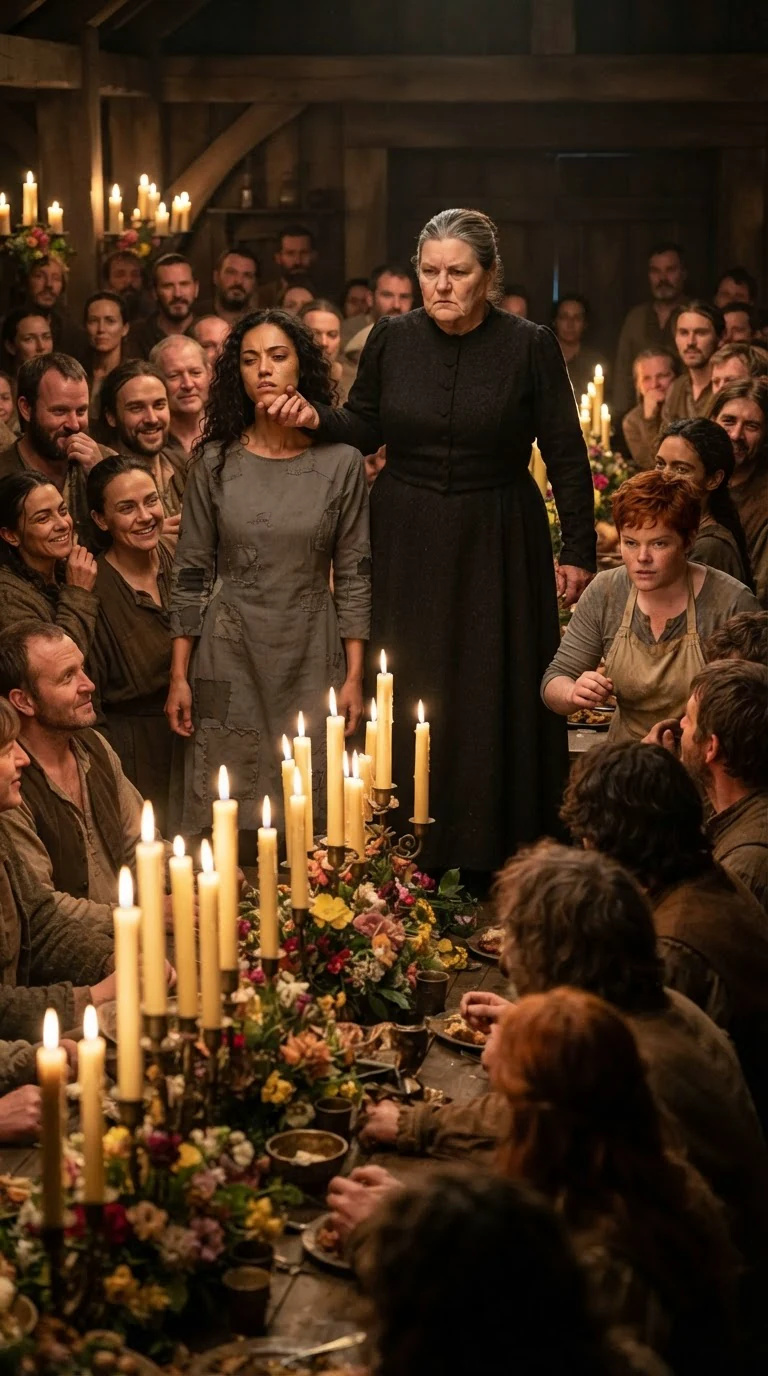 Marda marches Riona out past the candles into the full hall, every face turning.