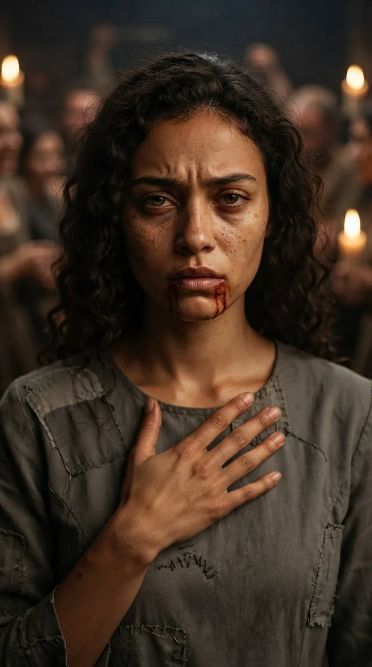 Riona presses a hand to her chest, her face tight with shame.